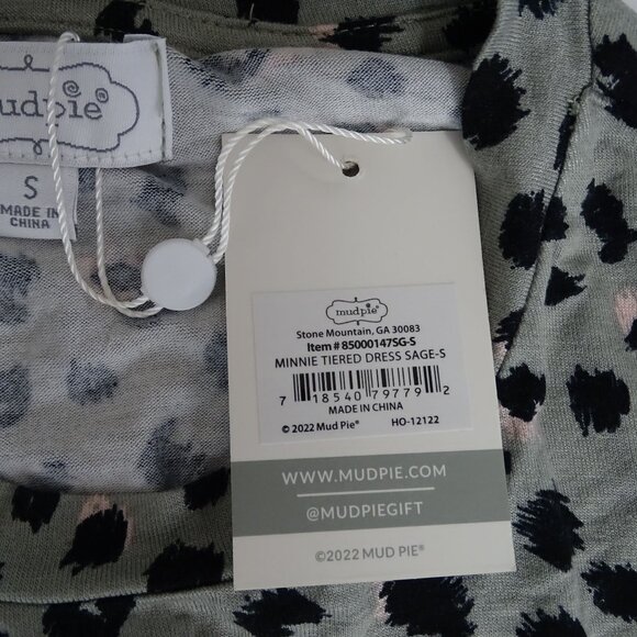 Mudpie Minnie Tiered Dress Women Size S Sage Animal Print Long Sleeve Casual NEW - Picture 5 of 10